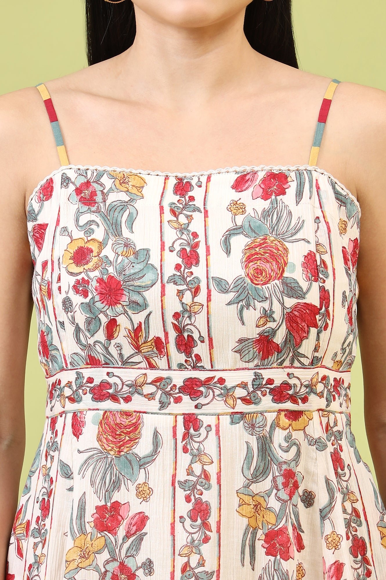 Off-White Vibrant Floral Printed Pure Cotton Flared Spaghetti Dress - View 9