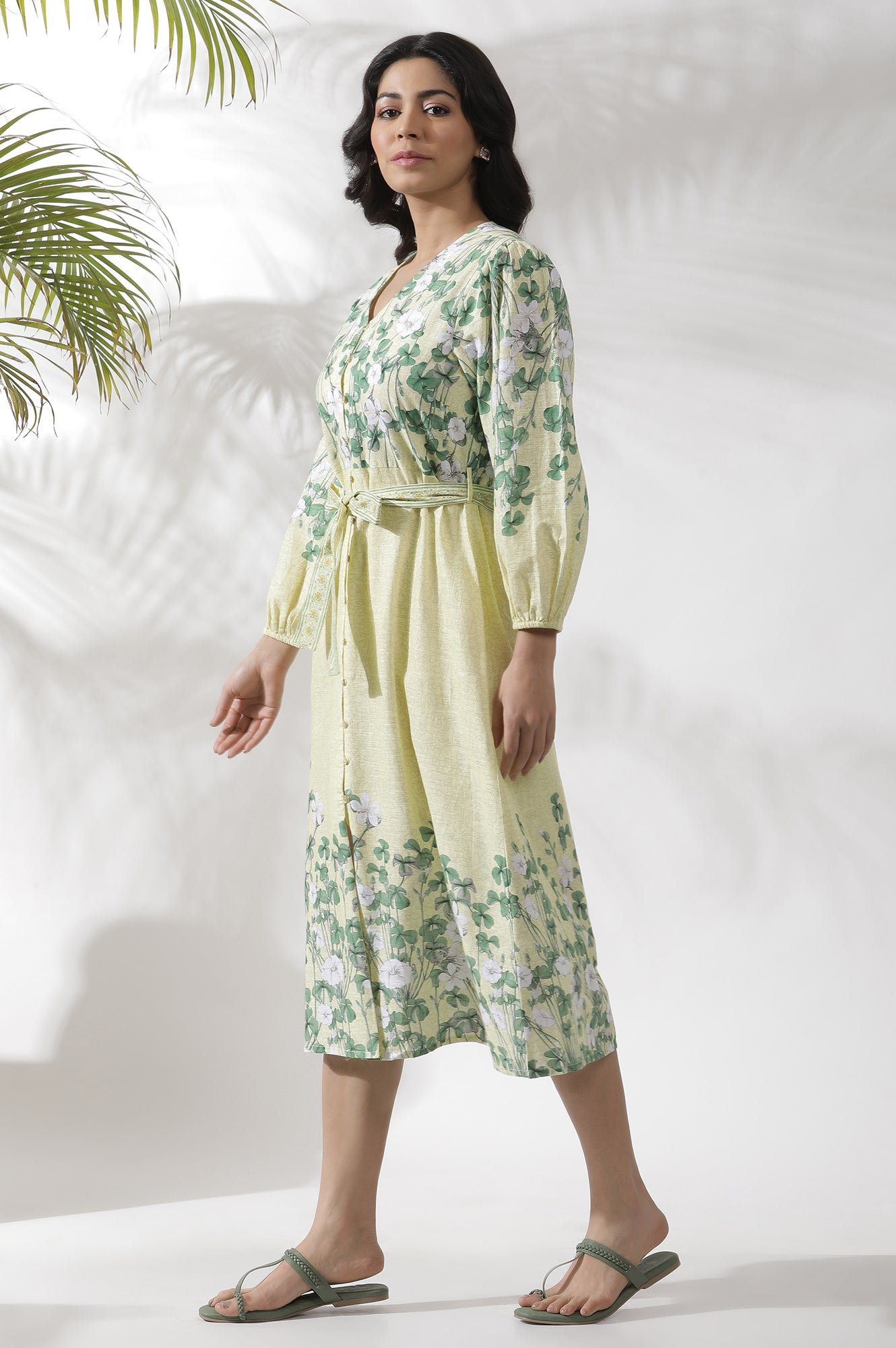 Yellow Floral Printed Shirt Dress - View 9